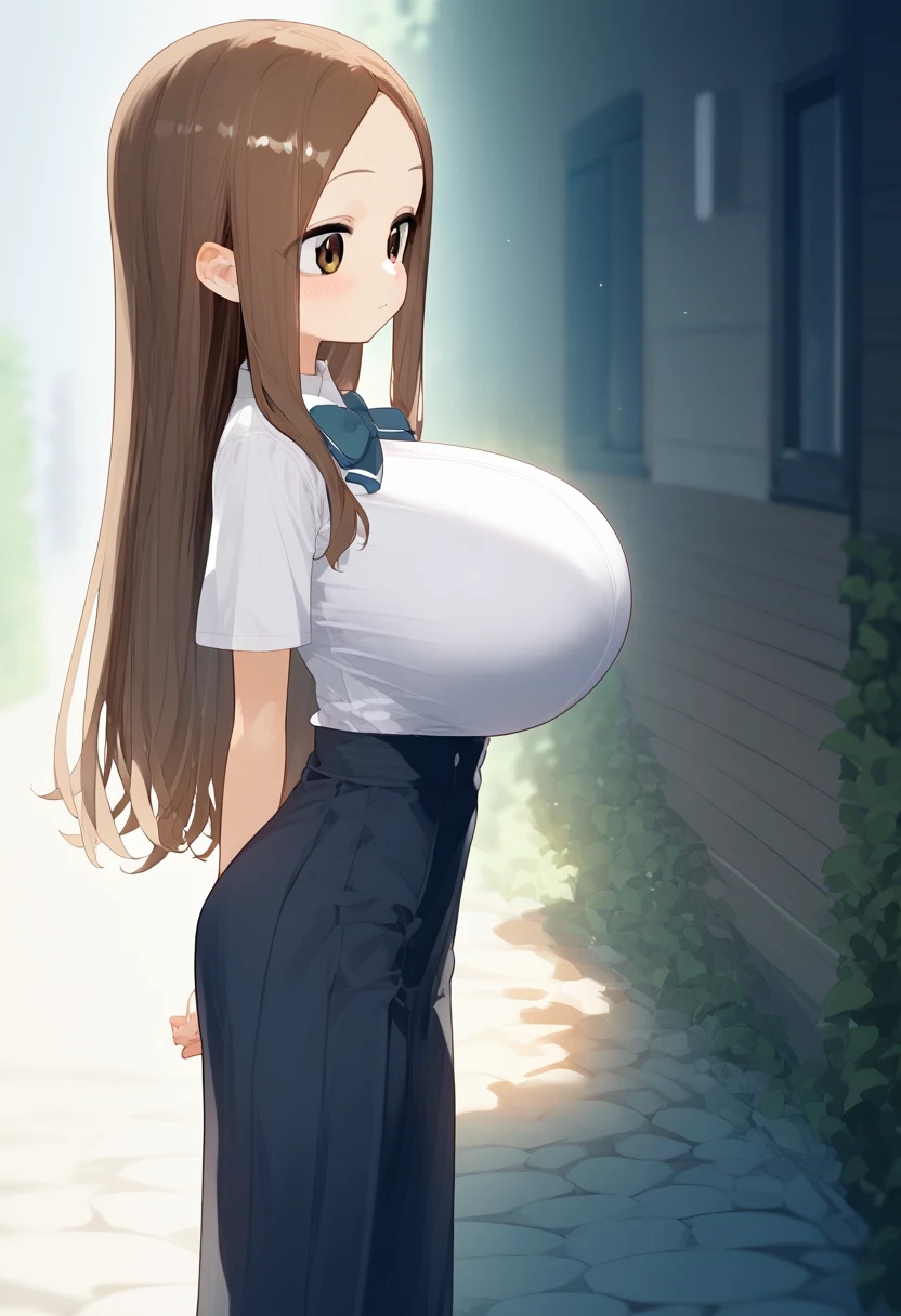 、takagi-san、score_9, score_8_up, score_7_up, 1girl, Alone, Takagi, brown hair, brown eyes, long hair,  白いワイシャツ、紺のロングプリーツスカート、(huge breast)
、 short stature 、 is short、(**** Big )、
{Highest quality}, {so beautiful}, {Very detailed}, {Best illustrations},Life、slim:1.5、Are standing、From the side、垂れた胸