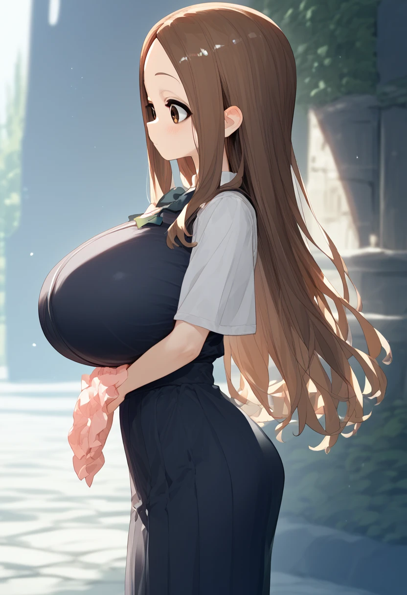 、takagi-san、score_9, score_8_up, score_7_up, 1girl, Alone, Takagi, brown hair, brown eyes, long hair,  白いワイシャツ、紺のロングプリーツスカート、(huge breast)
、 short stature 、 is short、(**** Big )、
{Highest quality}, {so beautiful}, {Very detailed}, {Best illustrations},Life、slim:1.5、Are standing、From the side、垂れた胸