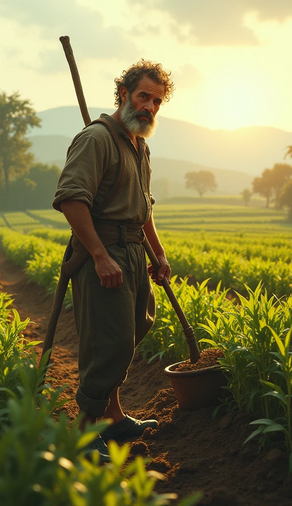 Farmer man holding a hoe white shirt and brown pants. He is in the middle of the green field, the grass is low. Waking up early