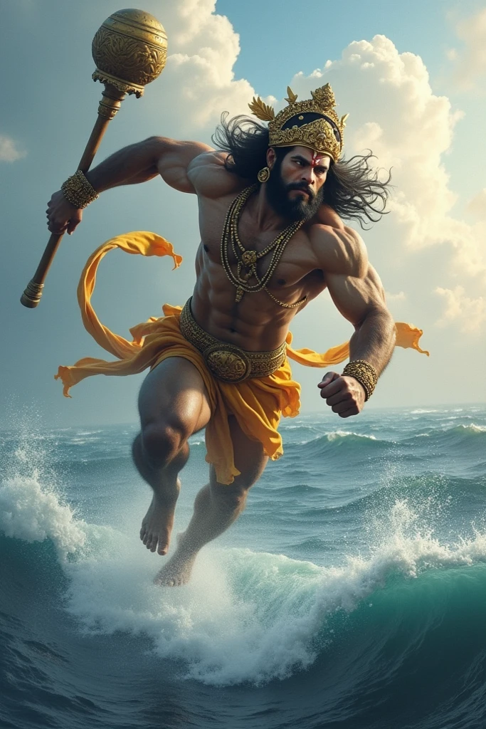 (photorealism:1.2),lord Hanuman wearing crown with gold and with gadha
standing on ice mountain clouds sun light focus on Hanuman beautiful water flowing side view close shot