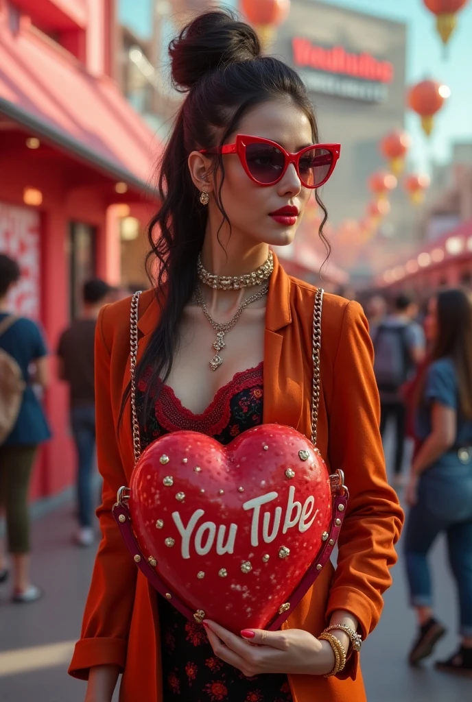  I'm sitting a woman with exquisite taste ,  in my hands a heart-shaped handbag ,  YouTube logo printed on a purse. Stylish crazy clothes .  Against the background of a YouTube-style photo zone 