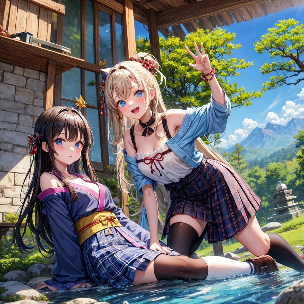 masterpiece, best quality, highres, kitagawa marin, 1girl, blonde hair, long hair, multicolored hair, red eyes, jewelry, earrings, piercing, unbuttoned white shirt, open shirt. partial nudity, massive breasts. nipples. no bra. black choker, blue necktie, plaid skirt, grin, smile, standing, cowboy shot, outdoors,