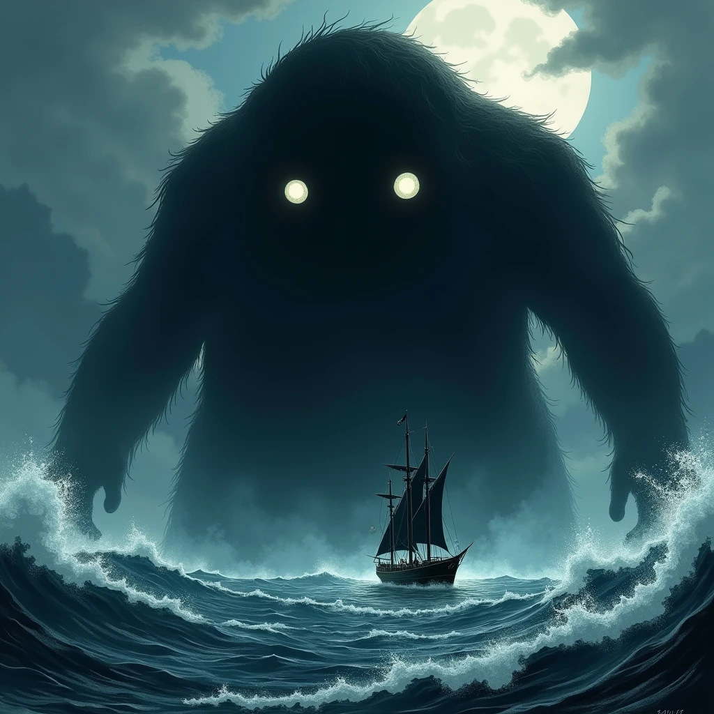 Umibozu、 Japanese Yokai、Horror、A huge black shadow emerges from the sea、 big eyes、Round eyes、 only the eyes are shining brightly 、 only the giant head has come out of the sea、There is a ship in the foreground 、 staring at the ship 、