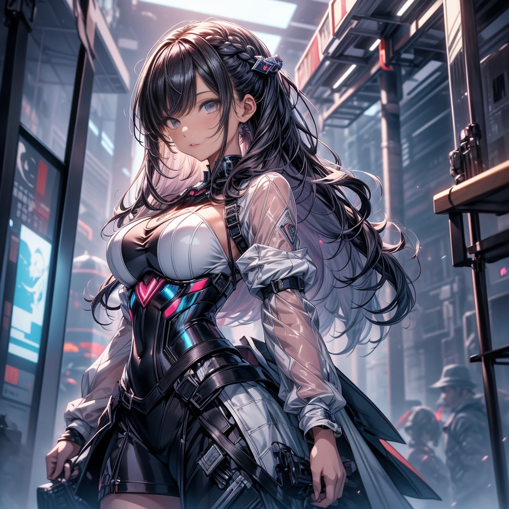 best quality, extremely detailed, anime style adult 1girl, long hair down to the waist, straight hair, ((dark black hair with bluish)),crown braid,beautiful detailed eyes, pinched eyes, dark blue eyes, huge breasts,curvy,(((white main black cyberpunk and magical dress))),longskirt,((feather accessory)),magical girl,light smile,((amusement park)),animation cap,animated gif,in precure style