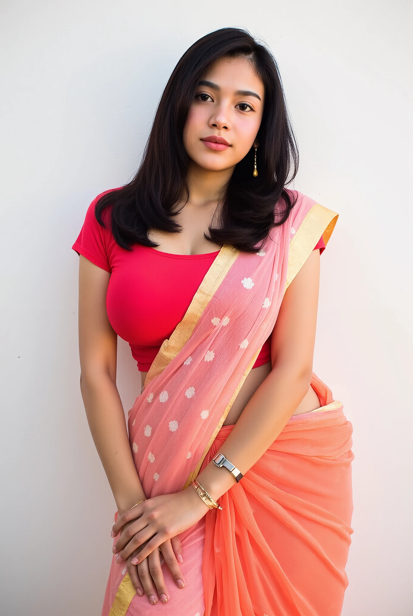 A portrait of a youngwoman, captured in a minimalist setting,saree, large cleavage, curvy figure, full body,