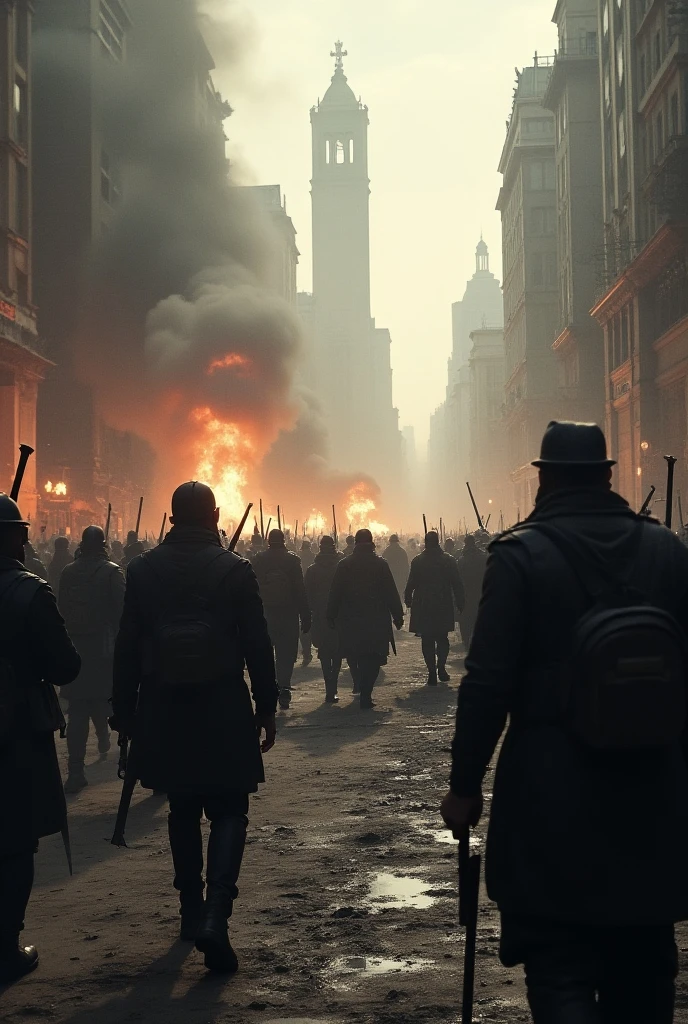 arafed image of a group of people walking down a street with fire coming out of them, from the tusk movie, inspired by Nikolai Ge, riot entertainment, screengrab, shattering walls, advertising visualization, poland, revolvers, swarm of bats, imagery --auto --s2