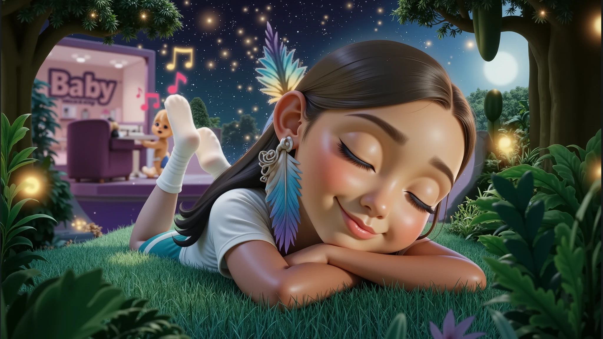 Inspired by the poster of a high quality and high resolution 3D Disney movie, set the image of a girl, ****, , *******, AGE: 12Y, BEAUTIFUL, SENSUAL AND ATTRACTIVE, lying on a grass using her arms as a pillow she has long straight black hair that spreads across the grass she is wearing a white t-shirt, she is wearing very short green safari style shorts she is wearing white socks she is with her eyes closed and sleeping deeply connected with nature, all the elements in the background, including the jaguar and the music box appear SMALLER AND BLURRED, ONLY AS ELEMENTS THAT COMPLEMENT THE SCENE, THE IMPORTANCE OF THE BOX IS THE LIGHT IT EMITS FROM ITS INTERIOR LIGHTING UP THE ENVIRONMENT AND THE NOTES MUSICALS THAT APPEAR ALMOST ETERNAL IN THE SCENE, BUT PRESENT IN THE ENTIRE ENVIRONMENT. In the background we see a jaguar lying down with its eyes closed and sleeping, an image blurred so as not to take attention away from the main character. Behind the jaguar, we have a blue music box with a white background, and I feel a white light that expands in the background of the environment, softly emitting golden musical notes that spread throughout the forest. The environment is a beautiful night of stars and a full moon. Around the girl, there are trees and plants typical of the Amazon. She is beautiful, sensual and attractive.