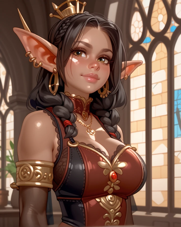 (, eden_sher, gorgeous woman,, red hair, short hair, twin_low_braids), dark skin, ((yellow eyes)), elf ears , seductive, smirking, (medium breasts, perfect breasts), narrow waist, strong shoulders, , BREAK, gold dress, intricate fabric, boob cutout, boob window, cleavage , portrait, upper body, bust, 1 woman, (best quality,4k,8k,highres,masterpiece:1.2),ultra-detailed,(realistic,photorealistic,photo-realistic:1.37), HDR, vivid colors, studio lighting, sharp focus, fantasy background, castle hall