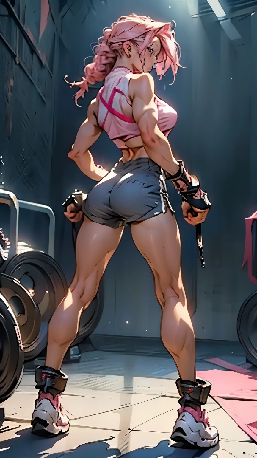 (masterpiece, best quality:1.2) 1girl, solo, manon, sf6, pink hair, short hair with long locks, bangs, blue eyes, lips, large breasts, halterneck, dougi, hip vent, off shoulder, martial arts belt, shorts, (dynamic angle, fighting stance, leg up:1.1), 