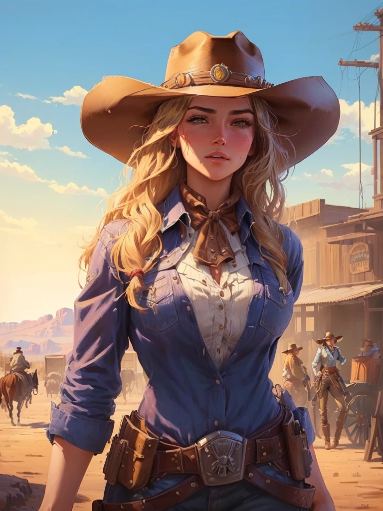 girl Wearing a cowboy suit and a hat, standing in front of the building, Cowgirl, western comic art , western Cowgirl, western comic art , western comic book inspiration , female Cowgirl, old west , western cartoon style, 4 k wild west , western comic book style , western painting , 🐎🍑, , a young bull , old west , art style red dead redemption