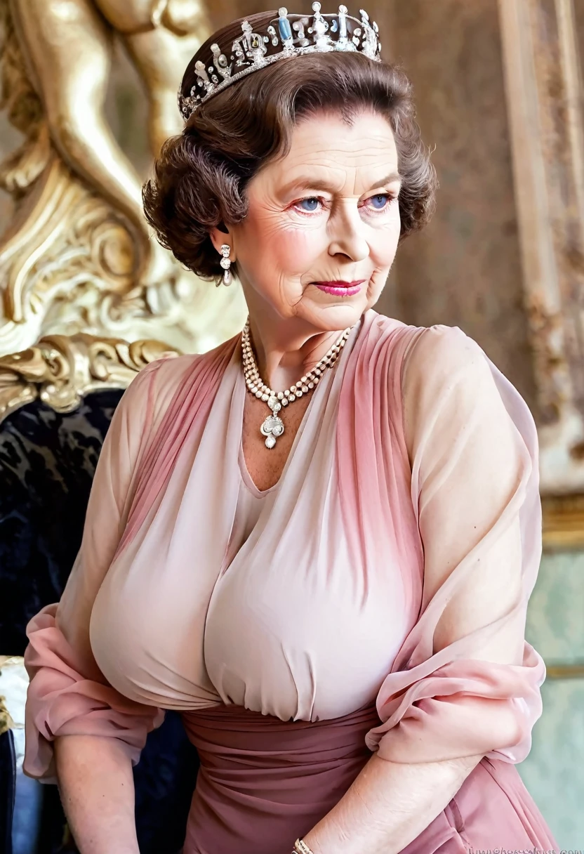 (queen elizabeth 70yo:1.4), (short brown hair:1.4), (sensual expression:1.4), (profile side:1.3), (keyhole cleavage:1.4), (pink chiffon dress:1.5), (huge saggy breasts:1.4)