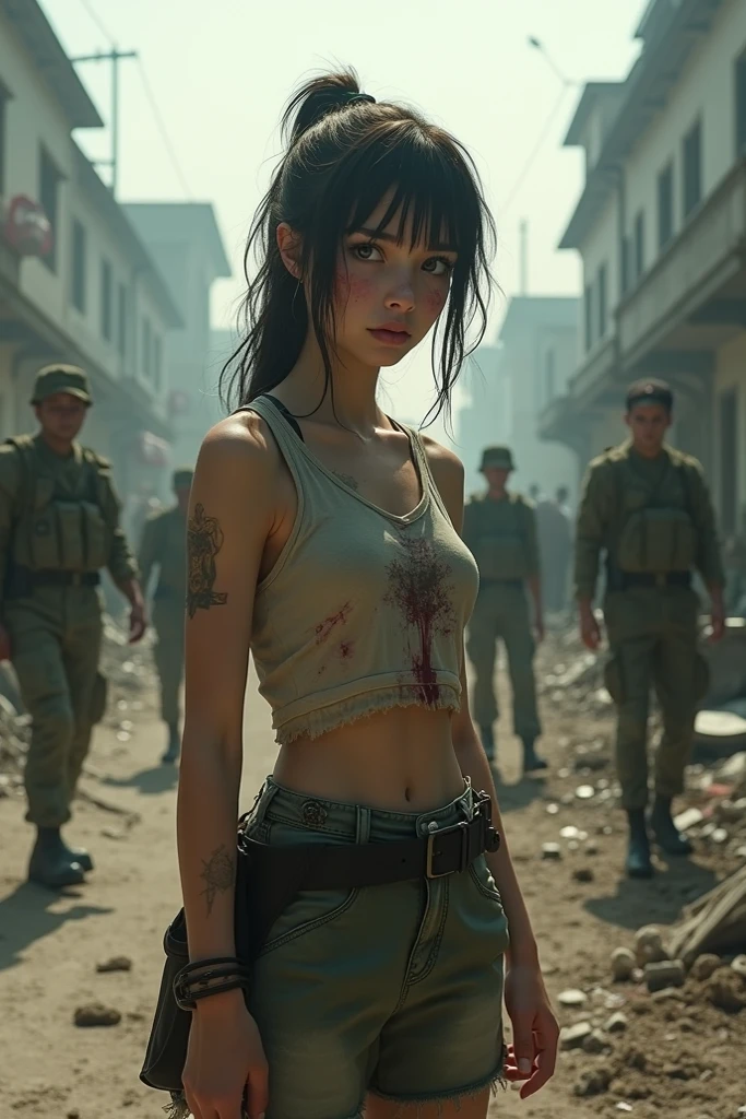 (best quality,4k,high resolution,ultra-detailed,photorealistic:1.37), girls left behind on the battlefield, Whole Body proportions and all limbs are expressed in anatomical precision, torn tanktop, underboob, ticker, studio lighting, professional, intense emotions, combat scene, warfare, historical drama, heroic actions, filled with smoke, desolate landscape,