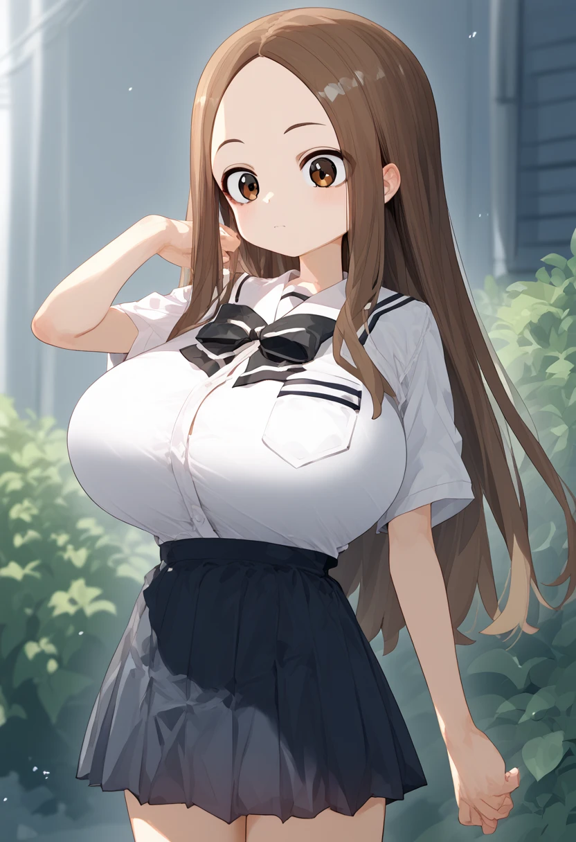 、takagi-san、score_9, score_8_up, score_7_up, 1girl, Alone, Takagi, brown hair, brown eyes, long hair,  白いワイシャツ、紺のロングプリーツスカート、(huge breast)
、 short stature 、 is short、(**** Big )、
{Highest quality}, {so beautiful}, {Very detailed}, {Best illustrations},Life、slim:1.5、Are standing、垂れた胸