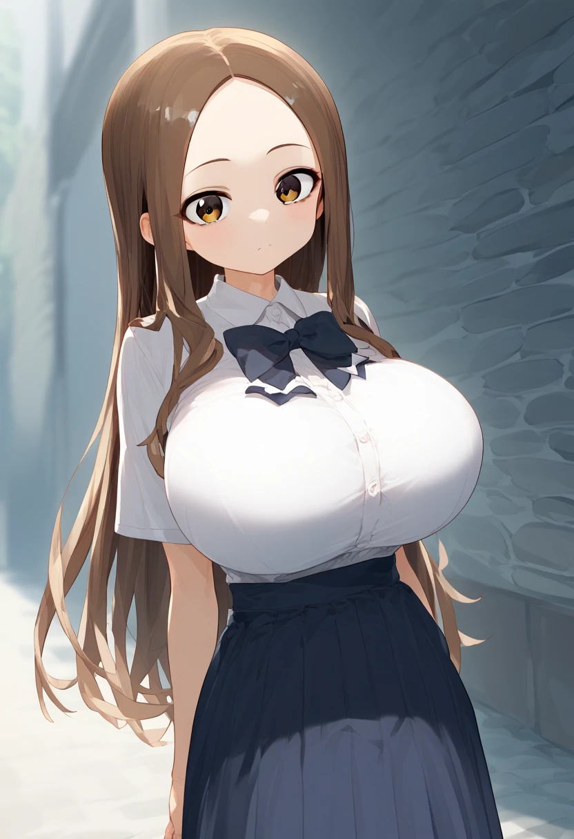 、takagi-san、score_9, score_8_up, score_7_up, 1girl, Alone, Takagi, brown hair, brown eyes, long hair,  白いワイシャツ、紺のロングプリーツスカート、(huge breast)
、 short stature 、 is short、(Loli Big )、
{Highest quality}, {so beautiful}, {Very detailed}, {Best illustrations},Life、slim:1.5、Are standing、垂れた胸