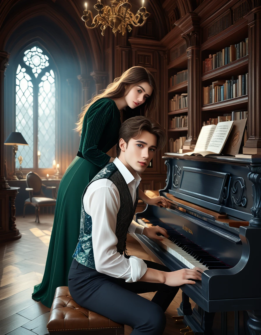 sketch man sits at the piano and plays it for a girl writing a melody for her man he is 22 years old  ((with brown eyes)), Beautiful, brown short hair in a white shirt,  dark gray classic vest , black trousers , ((( and next to a man leaning on the piano is )))  a 22-year-old girl with brown long flowing straight hair and blue eyes ,  in a short emerald colored modern fashionable sexy beautiful dress with round sleeves voluminous against the Arafed background room with a piano and a window in it, gothic epic library concept, gothic epic library, gothic library, alchemist library , unreal engine render concept art, castle library, dusty library,  unreal fantasy art engine, ancient library, library of ruina concept art, photorealistic dark concept art,  dramatic lighting . concept art, inside a castle library, Старая библиотека photo realistic illustration, hyper realistic illustration, realistic illustration, photorealistic detail , hypper realistic illustration, extreme realistic detail, photorealistic detail ed picture, с unreal engine render concept art, ), Ultra-detailed and beautiful face,( Gentle facial expression :1.1),translucent white skin,(Реалистичный skin texture:1.1), , Bold design , Art design ,Beautiful and detailed pattern, Detailed fabric texture, ((1 man, 1 girl)) (romantic sensual scene for a novel :1.1)