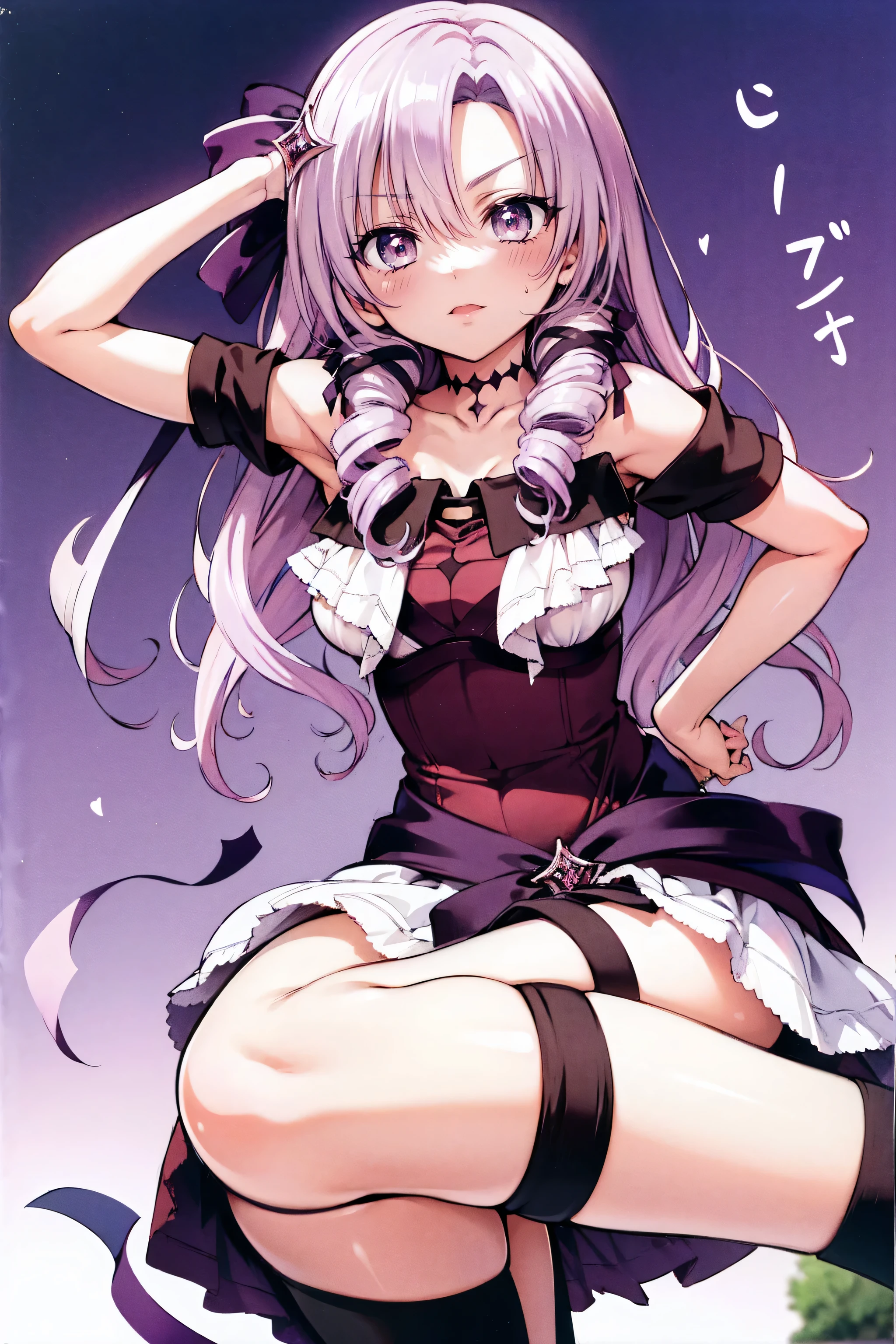 masterpiece, best quality, ultra-high-detailed, disgusted face,  Yuka, purple hair, red eyes, red ribbons, purple dress with black sleeves, black waist,