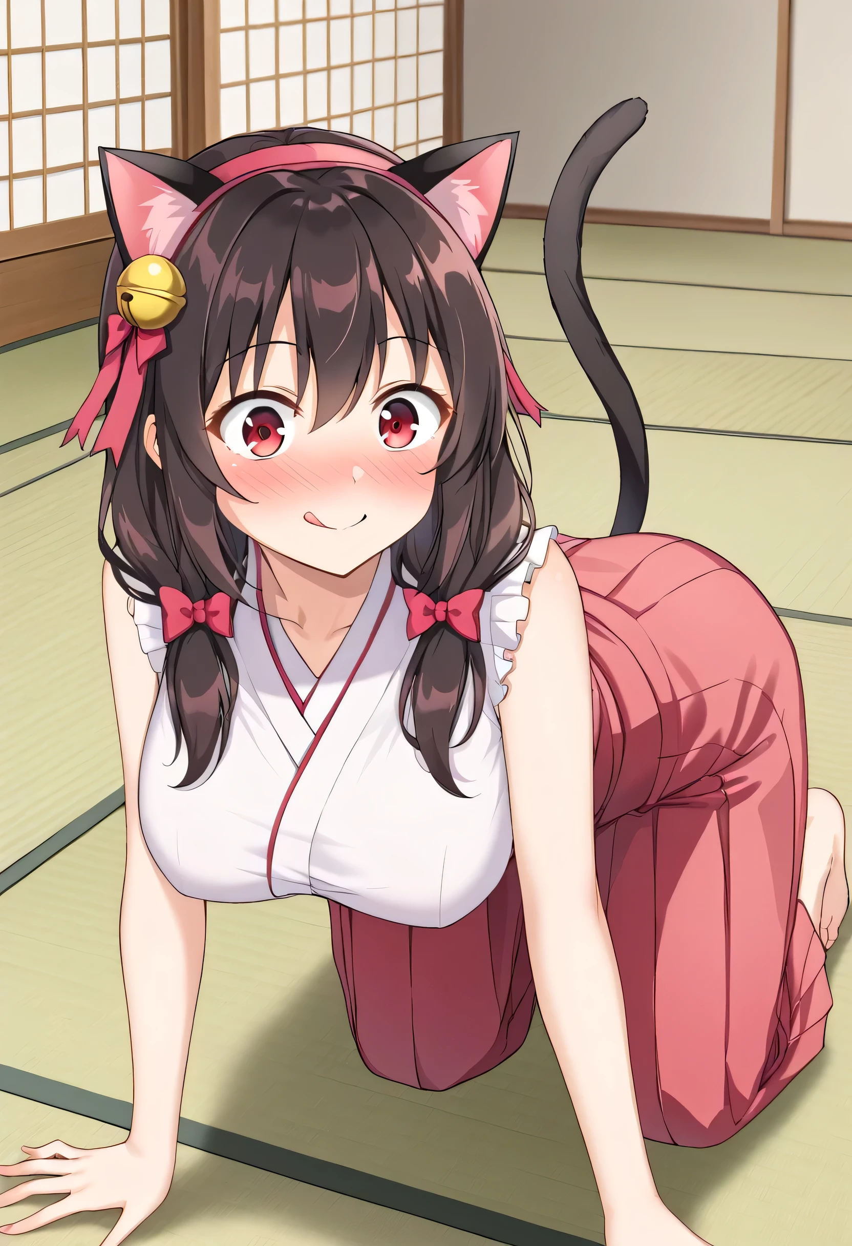 yunyun、masterpiece, best quality, high definition ,one person, Yunyun、 Former name yunyun, crown blade the same color as my hair, black hair、Red eyes、 hair accessory with a bell , hair bow, ( white and pink shrine maiden costume 、Hakama is a red )、She has big breasts、(blush)、(indoor、tatami)、(Surprised Smile:1.2)、(blush)、(Cat ears)、 cat's tail、♥、♥、(on all fours)、(Stick out your tongue)