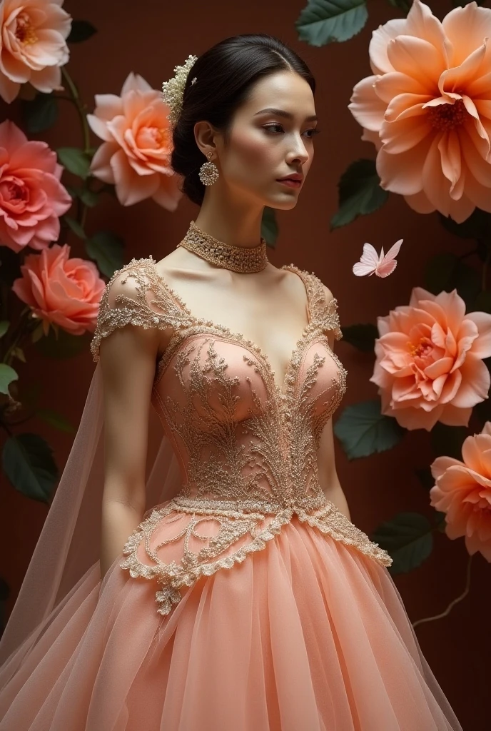 Beautiful, luxurious and unique fashion window display model with roses and butterflies