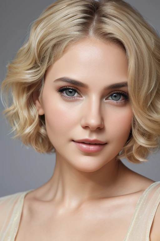 Blonde short bob hair, soft and natural waves, clear blue eyes, smooth and youthful face with subtle makeup, delicate features, Girl Next Door look, realistic expression, detailed facial features, high-resolution 8k quality, full-body visible, bed setting, graceful posture, masterpiece quality, soft lighting, high quality, ultra-realistic.