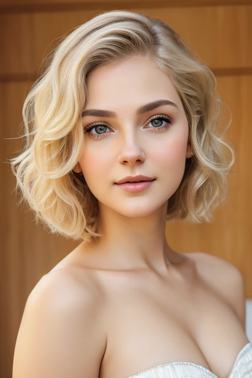 Blonde short bob hair, soft and natural waves, clear blue eyes, smooth and youthful face with subtle makeup, delicate features, Girl Next Door look, realistic expression, detailed facial features, high-resolution 8k quality, full-body visible, bed setting, graceful posture, masterpiece quality, soft lighting, high quality, ultra-realistic.