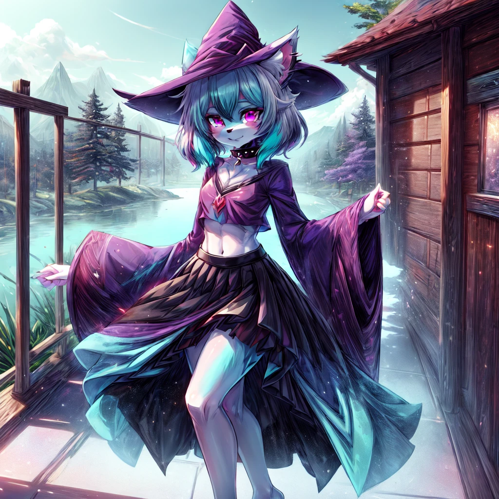 Gehalt, anthro, Allein, weiblich, tall slim body, wears a purple wizard hat, spiky purple cat ears with white tips, lila Augen, purple crop top with collar and long sleeves, black flowing skirt, bare legs, turquoise furry body, white feet paws, schwarze Katzennase, cute cat snout, turquoise hair, Stehen, Grastal, detailed background, hoher Kragen, Jitome, ausdruckslos, von fumiko, von hyattlen, by hioshiru, detailed, High resolution