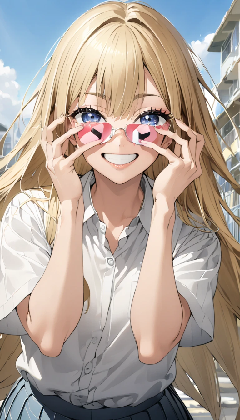 Marine Kitagawa、 blond long hair 、High school girl、 white collared shirt、 Pleated Skirts、smile、 holding a bag peace sign near his face、Two fingers