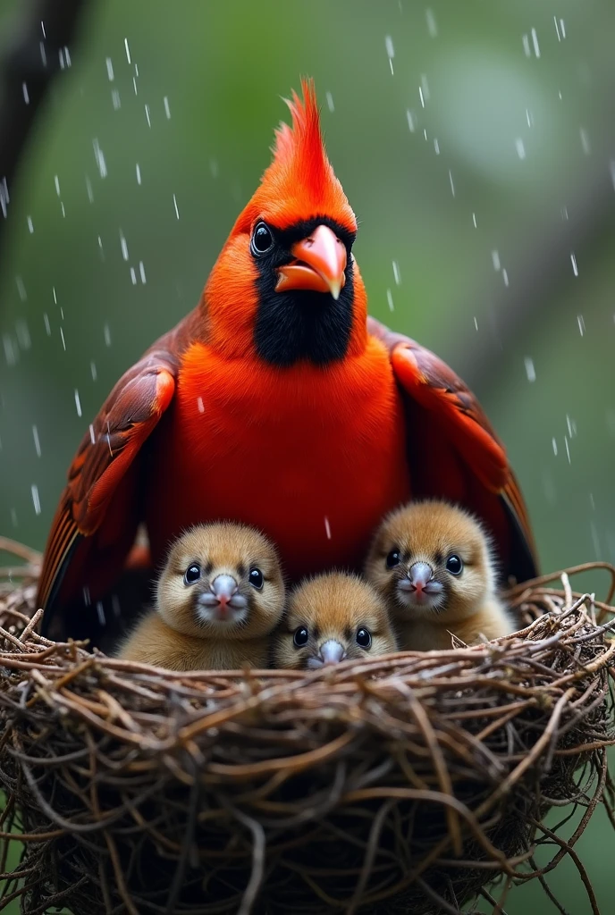 This image features a bright red male cardinal bird , protecting her ...