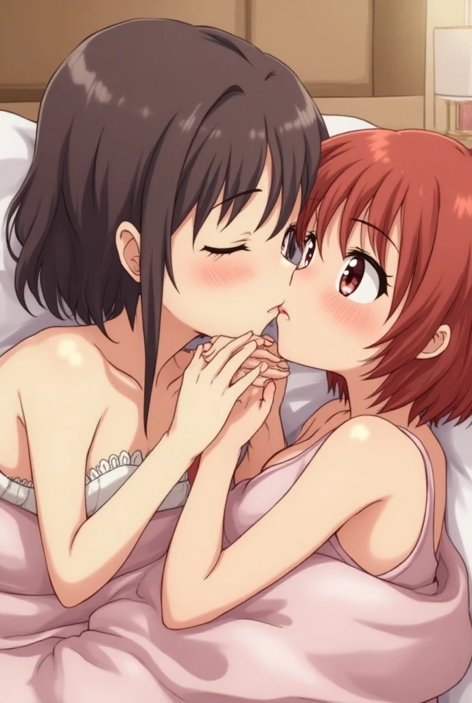 nsfw, faceless male, 1boy, 1girl, nude, sex, hetero, kiss, face to face, hug, {{{{{girl lying face up on bed}}}}}, leg lock, on bed, motion lines,	

score_9, score_8_up, score_7_up, source_anime,
honoka mitsui, 1 girl, 
bangs, brown hair, twintails, low twintails, purple eyes, 
large breasts, 