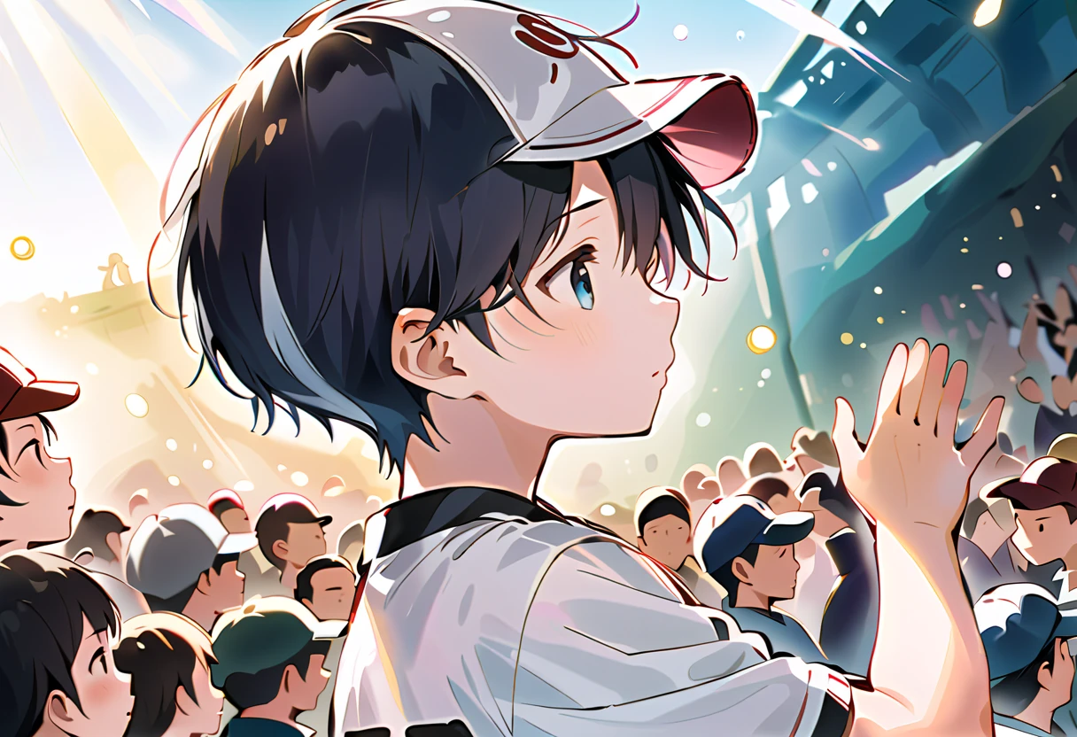  masterpiece 」, best quality, 1 boy,Alone, solo focus, baseball uniform at the baseball field,white pants,pants,Baseball cap, black hair,Outdoor,belt,sketch,Studying baseball , crowds of soaring dust looking into the distance ,((Upper body photo)), profile,Bokeh,( look up :1.2), Looking into the Distance , not holding anything ,( extends hands),from side, cabelo o olho esquerdo ,daylight,motion lines,Bali, shallow depth of field ,holding (Open palm),