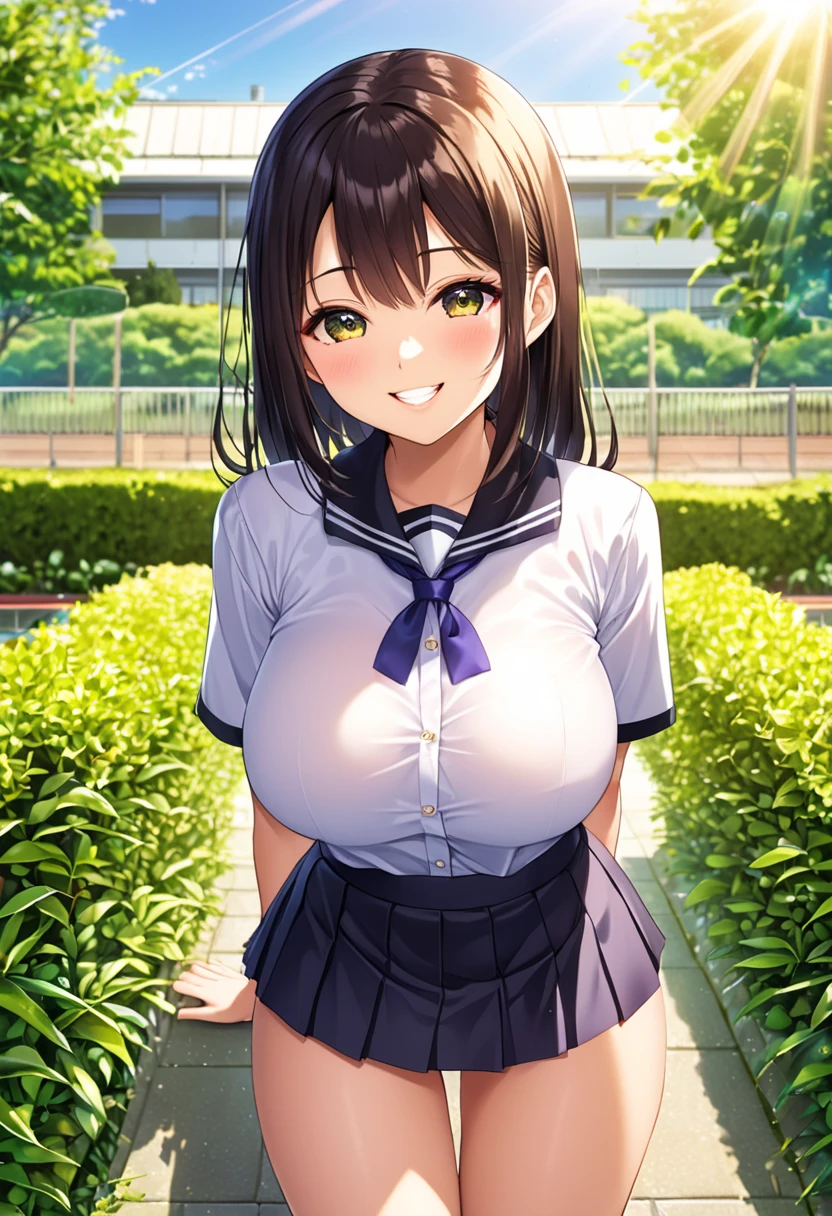 Japanese high school girl wearing a short skirt she has very big and sexy breasts, she has a very big and beautiful butt and the collar of her shirt is open. Close-up portrait of a woman smiling in a school garden, with soft sunlight shining on her face. Make sure the details of her facial expression and the school background are very sharp,