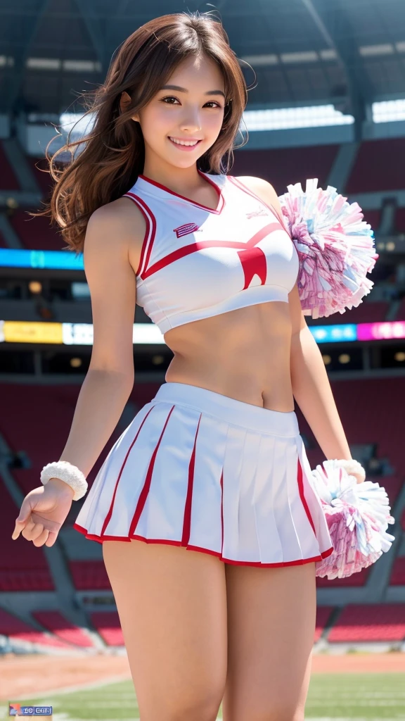Smile full of happiness、((:1.3))、、、Panting face、Lacking、After being attacked、Sweating、Expression in a state of excitement、Pink panties seem to flicker、((1 beautiful girl)), extremely detailed CG unified 8k wallpaper, Highly detailed, RAW color photo, Professional Photography, Realistic, top-quality、hight resolution、ultra-detailliert、masterpiece、Raw photography、realisitic、Photorealsitic、extremely delicate and beautiful、finely detail、Textured skin、full-shot、(Sky from below)、1womanl、japanes、22year old、(Professional Baseball Team Cheerleading)、(Cheering seats in the stadium)、(beauitful face:1.5)、(Showing white panties:1.2)、(Highkick:1.5)、itting open legs、Open your crotch、Cheering uniform、(a miniskirt:1.5)、Brown hair、Wearing makeup、(Bare legs:1.5)、Do not wear anything on your arm、perfectly proportions、(At SFW)