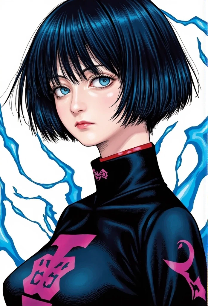 Draw Yuno in Jujustu Kaisen Colored Manga Style, multicolored blue and black hair, short bobcut hair