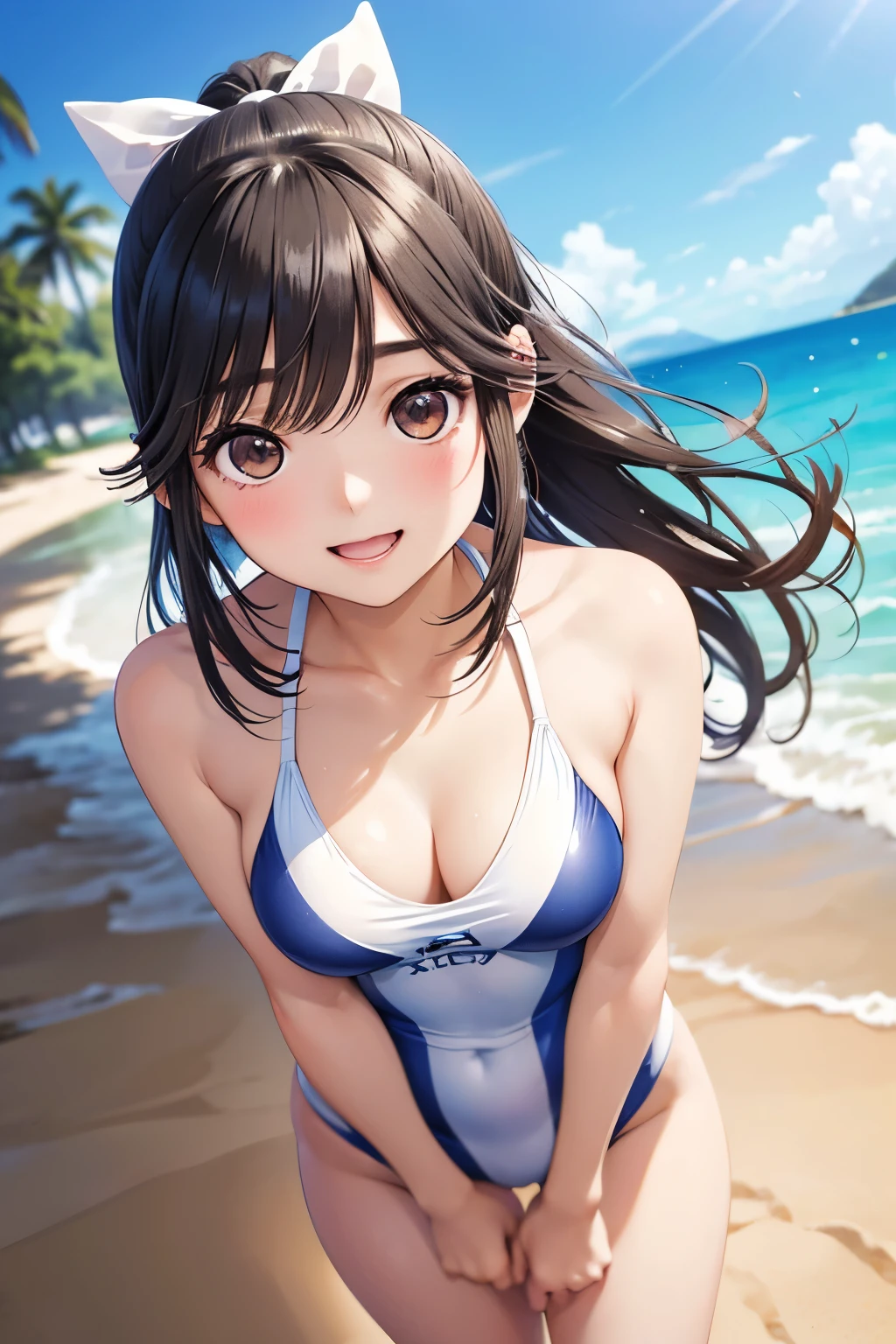 (1 girl)++, (masterpiece)+++, (best quality)+++, cowboy shot, young face, cute face, orgasm expression, shiny skin, slender, 6 heads high, sexy swimsuit, beach, daidouji tomoyo, black hair, long hair,