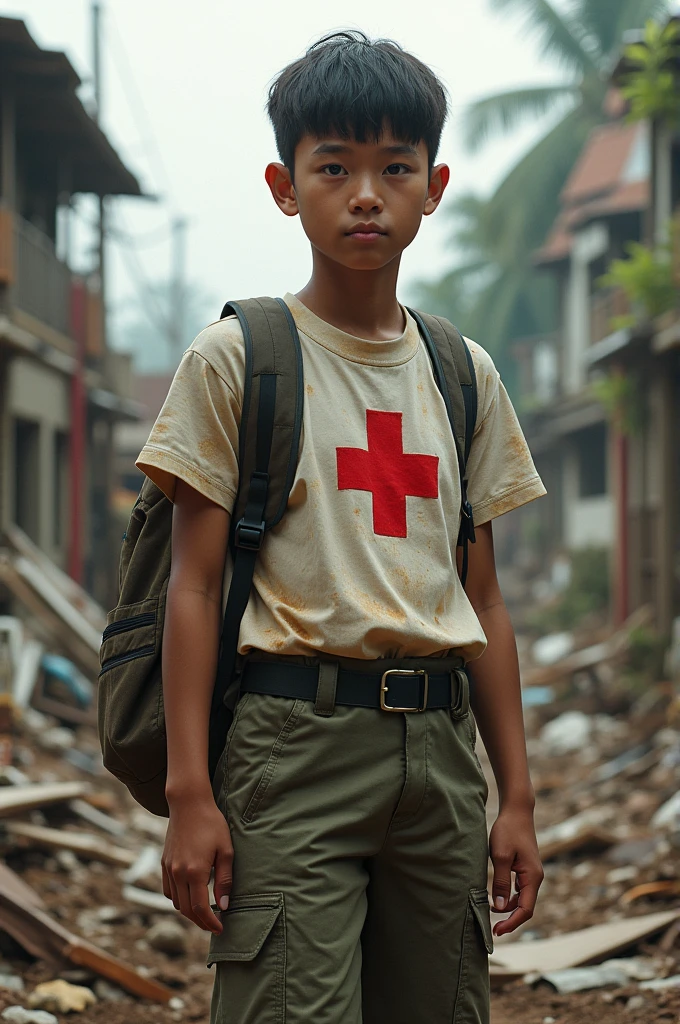 Cinematic image, hyper realistic,Ultra detailed,8 year old Indonesian child,dull hair,sad face,wearing a shabby white shirt,red shorts,broken shoes,standing hand salute position/salute to the red and white flag,dramatic,background of an unkempt school building that is almost collapsing,ultrahd,image quality,