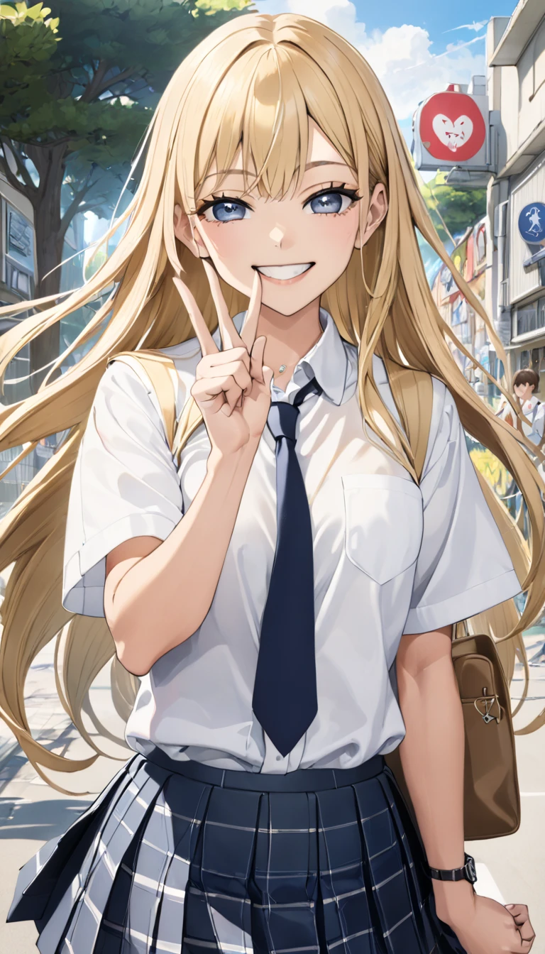 Marine Kitagawa、 blond long hair 、High school girl、 white collared shirt、 Pleated Skirts、smile、 holding a bag peace sign near his face、Two fingers