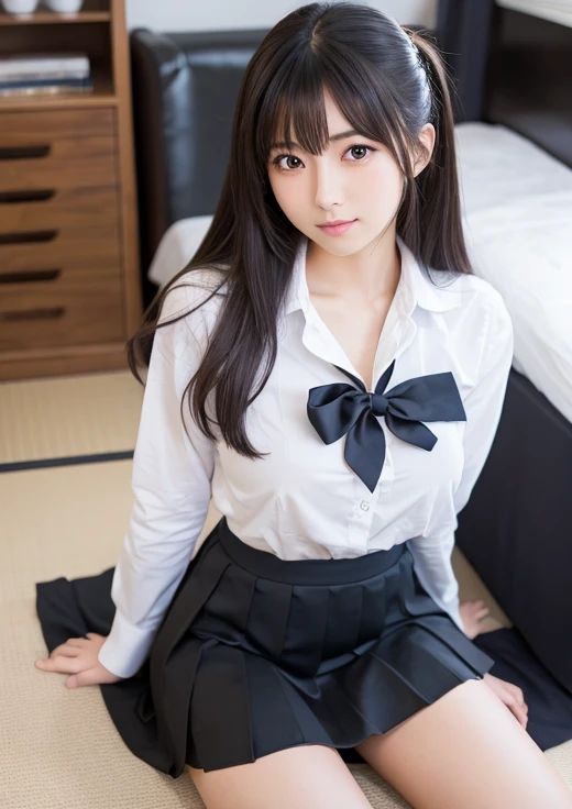Low angle shot, Alafed asian woman in short skirt and bow tie sitting on train, cute schoolgirl, Japan schoolgirl, surreal schoolgirl, high school girl, surreal schoolgirl, surreal schoolgirl, girl in uniform, girl in uniform, school girl in school uniform, posing, full body, lovely skin, glowing skin, nice thighs, shining thighs, shining legs, ( not wearing a skirt),
