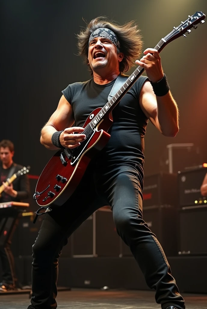 The image shows a man who is performing with full energy, wearing tight black clothes and a bandana on his head . He holds a guitar in a dynamic style , as if he is in action on stage . His facial expression shows spirit and confidence , and there is a movement effect that creates the impression that he is moving fast . The overall atmosphere accentuates the rock feel and impressive performance .