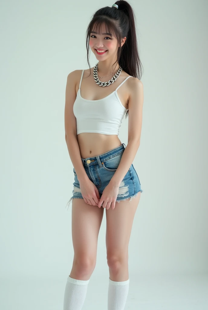 k-pop girl, 18 years old, high ponytail, makeup,eyeliner, slim shape, white crop top, shorts ripped jeans, white knee socks , white sneakers, big silver chain on neck, , navel , sweat , smile, res lip, pink eye blush,studio background, light from below, bent her