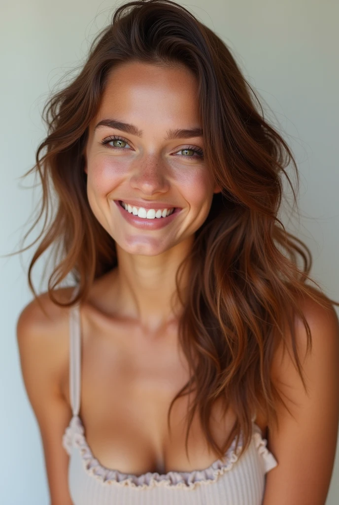 fotorealistic , best quality, hyper-detailed , Young brunette woman 22 years old smiling, Instagram influencer, crop top, portrait, Instagram Story, facing the camera