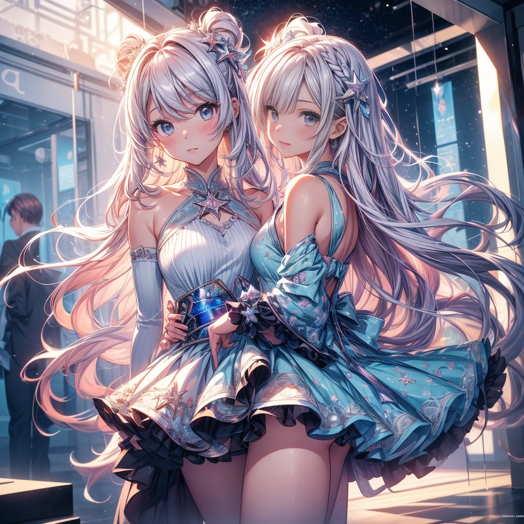 Hair shaking, victory, Long eyelashes, Solid round eye, A faint smile, ear blush, direction, (White hair), cosmetic, blush, sad, sad smile, shadow, Relief, Atmospheric perspective, 8K, Super Detail, precise, best quality, (Cyberpunk), Movie Lighting, masterpiece,(1 Girl), ((((Short twin tails)))), Colorful hair, flight, Pink bow,((Female Model)), (Angel Halo), ((( wing ))),  bold, striking, fashionable,  panoramic, Eye level shot, tiling from below,, (((Lolita dress))), (((Wide-angle lens))), (((( Splash of Color )))),8k,Ultra-clear
