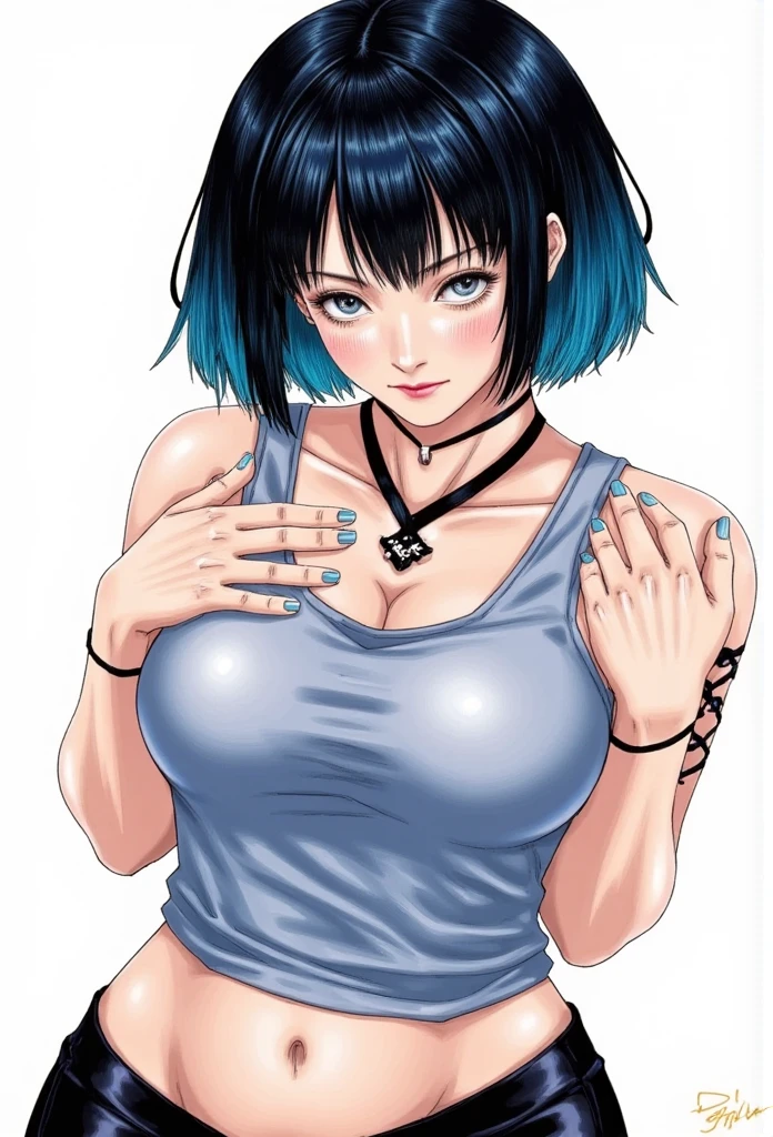 Draw Yuno in Jujustu Kaisen Colored Manga Style, multicolored blue and black hair, short bobcut hair