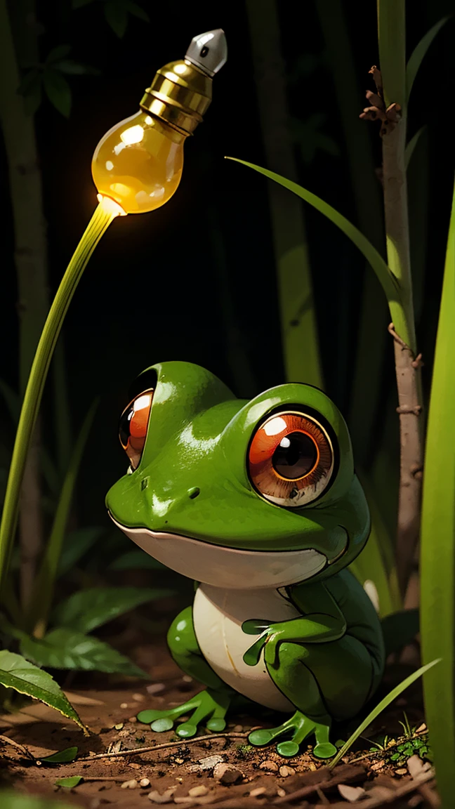 (((  surrenders ))) photograph,( Super Detailed Face ),((light))A small, frog-like creature with smooth green skin, large red eyes, and a bulb-like plant growing from its back. The creature looks lifelike, standing on a grassy forest floor surrounded by sunlight filtering through the trees