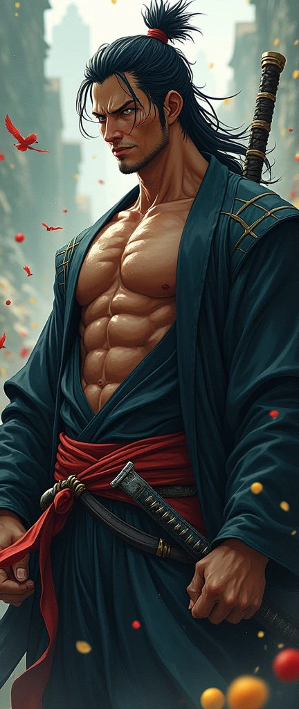 Handsome tall man, He is 28 years old，Thin waist，The pectoral muscles are well developed, He is 175cm tall，Weight 62 kg、yellow-green eyes、brown hair color、short hair、Shirtless、underwear、looking into camera，Gangster，Late Night，Lying in a Japanese-style room，kimono，Japanese totem tattoo，(super high angle shot)，dangerous, Bad guy, epic
