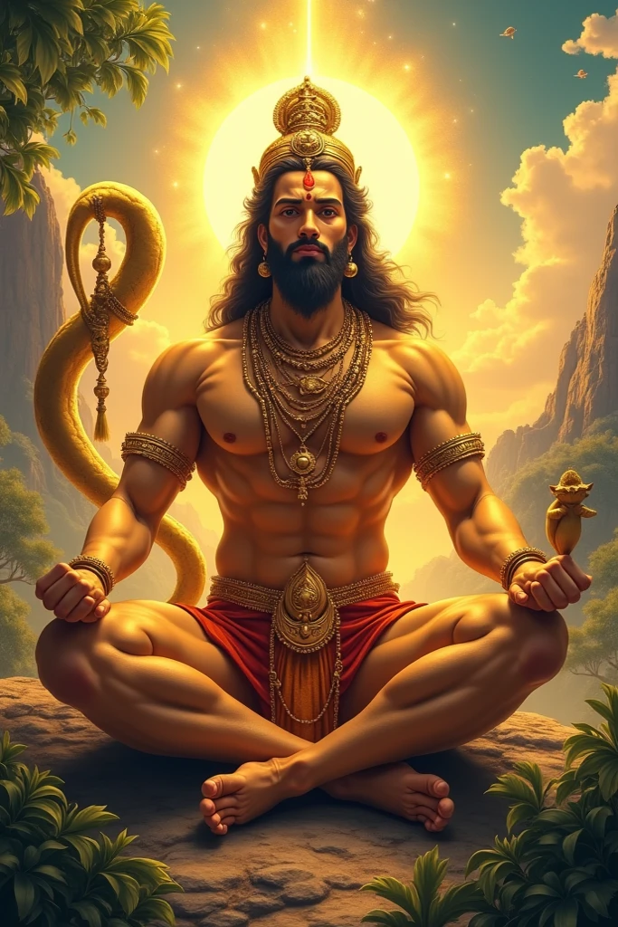 Lord Hanuman, a revered figure in Hindu mythology, is often depicted sitting in a posture of calm and devotion. His muscular form is covered in a reddish-brown hue, and he is typically shown with a gentle, yet focused expression. In this seated position, he may be depicted with his hands folded in prayer or holding a mace, symbolizing strength and protection. His tail, a prominent feature, often curls gracefully around him, and his eyes reflect both wisdom and compassion. This serene pose captures his role as a devoted servant and a powerful deity in the Hindu pantheon.