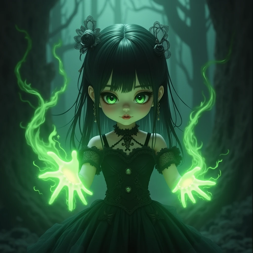 jovem boneca doll gótico usando poder verde realistic, anime, realistic