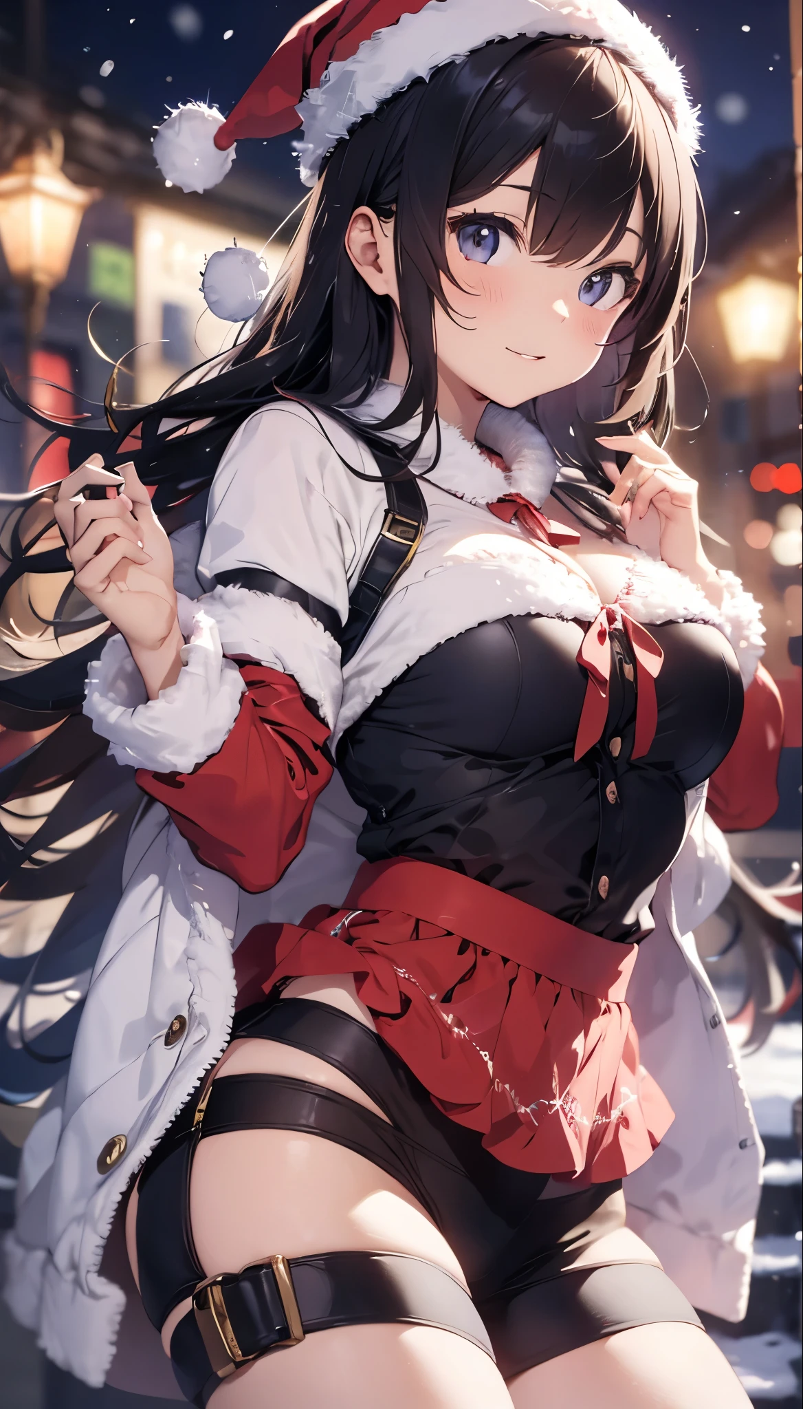 (Conceptual image board:1.3), ((matured girl wearing Sexy Santa clause costume with far:1.3, red dress with green, holding a present box in both hands to give viewers:1.2, close to viewers:1.2)), a matured woman with long black hair and a red outfit, red winter coat with bore, scarfs, green ribbon tie, knee length long boots, red and green winter outfits, holding present box with wrapping by ribbon:1.5, Christmas tree decorated with many ornaments:1.2, white bags on a sled, wearing red pencil skirt, Arabic, bodyesbian, fine details, beautiful anime illustration, 28 years old, (milf:1.3), (solo:1.5), (sfw:1.25), (sagging breast, fuge breasts, big tits, thin waist, big ass:1.2), Raised sexy, (dark mahogany medium short hair, updo, hair over one eye, asymmetric hair, Carly hair, low tied braids), (musulman, white Headscarfs, hair bands, head vandage, Turban), (ultra high resolution, 8K RAW photo, photo realistics, thin outline:1.3, clear focus), best qualtiy, cinematic lighting, textile shading, blurry back ground, field of depth, bokeh, (Bright pupils, fine detailed beautiful eyes with highlight:1.3, super detailed eyes, high detailed face), Red lip, fine realistic skins:1.1, looking at viewers:1.3, (dynamic angle:1.3, full body:1.3, front view:1.1, tigh focus:1.3, from below:1.2), (dynamic posing:1.5, sexy posing:1.2, sitting with holding knees:1.3, leaning forward:1.2), (seductive, shy happy smile:1.4), centered image, (wearing red long coat with bore and clothes, ((bare breast:1.37)), gold ornaments, rolling red clothes around waist, dark red long leather boots:1.3, translucent white lace pantyhose), (((correct anatomy:1.5, perfect hands:1.5, ideal ratio body proportions:1.37))), (in a night:1.3), (outdoor:1.2, in snow field:1.3, under starly sky),