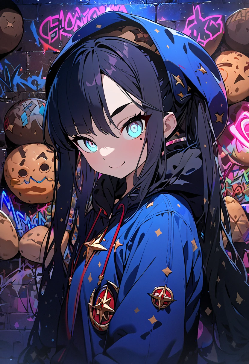 masterpiece,  best quality, 8k, detailed background, masterpiece,  best quality, smile,  ornament with yam,  HOODIE, Portraiture, Neon Blue, graffiti, dark, night, Shining Eyes,  Black Light,Mona