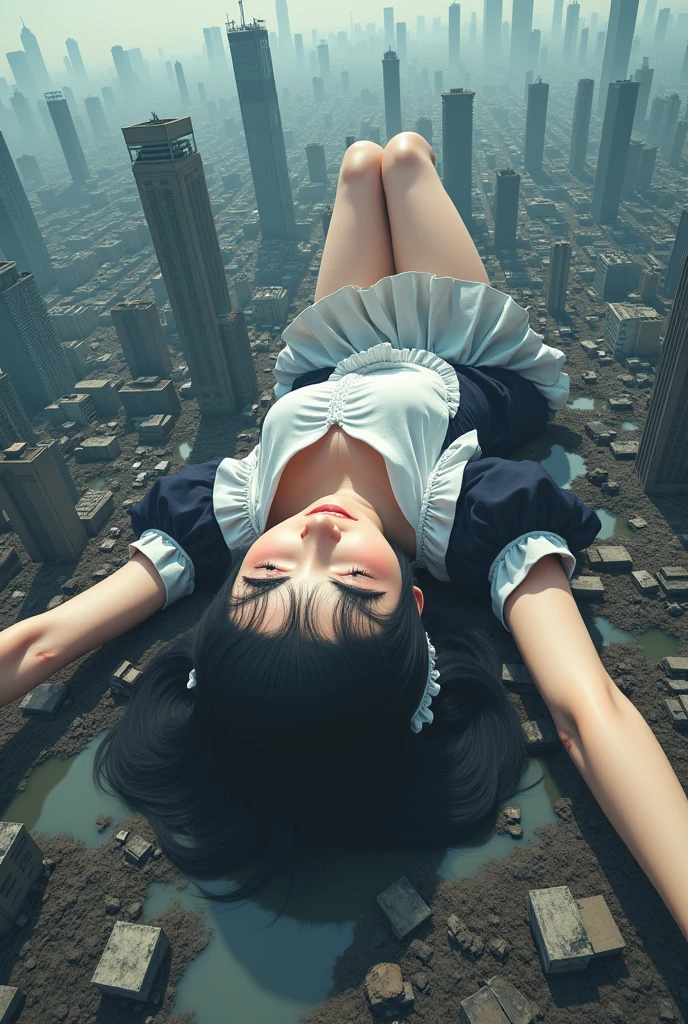 （Giantess Elements、High resolution、High resolution、high quality、Accurate body structure、Detailed body） そびえ立つ巨人のblondes少女，50,000 feet high、Looking up at the approaching woman from below、Giants attack the city、cute、blondes、Destroy a small townWomen、Destroy a small town、Mischievous look、(Maid outfit)Japanese、White skin、巨人blondes女、smile、Trampling buildings、rubble、Burning Small Town、Destroyed small building、Collapsed highway、Cars are crushed、Evacuating residents、sunset、Burning Small Town、go ahead、walk、Trampling、Anatomically correct、Accurate human body、Accurate skeleton、Full body portrait、blue eyes、Rubble scattered at my feet、Higher than skyscrapers、Big impact、amazing、Giantess Elements、Draw a woman in a big way、Increase the destructive element、Make the city smaller