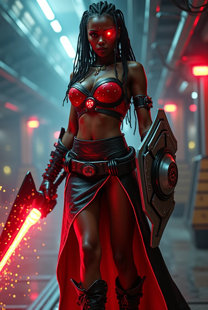 a fantasy epic illustration (Julie Bell style: 1.5)) of a drow elf thief holding a large diamond in a vault, a female drow  elf thief, (black skin: 1.5), black and color, full body, (small pointy ears), dynamic hair color, dynamic hair style,  ultra detailed face, wearing white leather leotard, white leather pants, busty, small cleavage, high heel boots, she is happy for reaching her goal, success, holding a large sized (red diamond: 1.3), brilliant diamond, many facets, many colors diamond, fantasy safe vault background, torchlight, vibrant, Ultra-high resolution, High Contrast, (masterpiece:1.5), highest quality, Best aesthetics), best details, best quality, highres, 16k, [ultra detailed], masterpiece, best quality, (extremely detailed) RAW, (ultra details, Masterpiece, best quality), art by mooncryptowow, Cinematic Shot