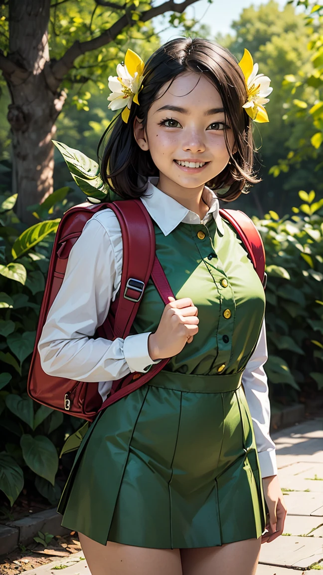 (((  surrenders ))) photograph,( Super Detailed Face ),((light))A young girl cosplaying as a realistic version of a plant-inspired creature. She wears a costume with green tones, featuring a bulb-like backpack resembling a sprouting plant. Her outfit includes leafy patterns, soft vines, and details like small flower accents. She stands in a lively, nature-themed setting, smiling warmly, with her pose capturing the character's essence